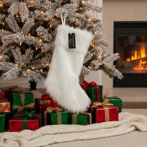 Tahari Home Faux Fur Lined Holiday Christmas Stocking 22" Ivory NWT
